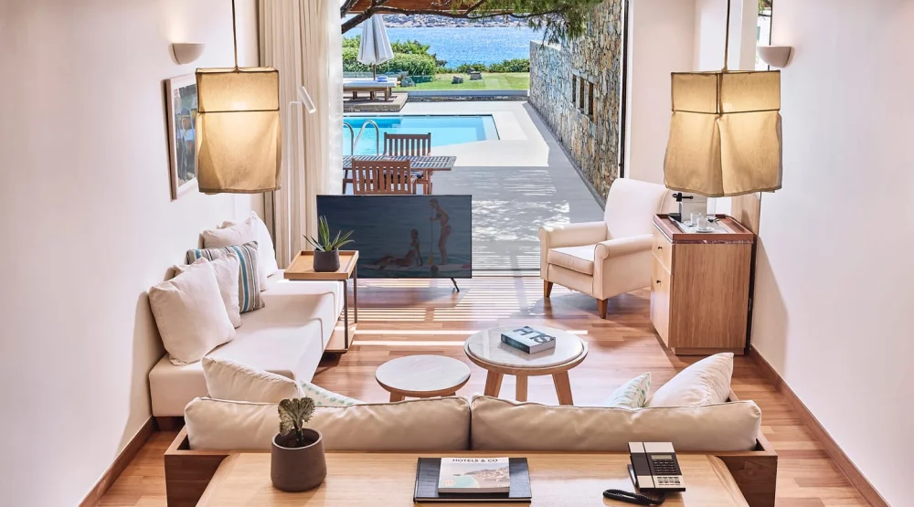 Club Οpen Plan Mezzanine Suite Private Pool Seafront - Odysseas 1/ Odysseas Two at St Nicolas Bay Resort Hotel & Villas