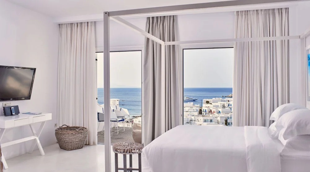 True White Suite with Private Jacuzzi & Sea View at Myconian Ambassador Relais & Chateaux Hotel