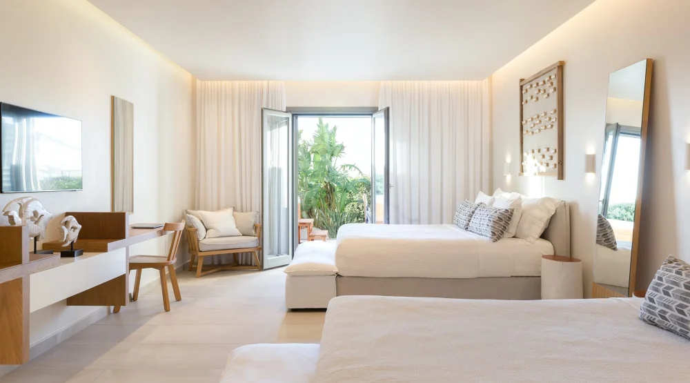Family Connecting Partial Sea View Suite with Two Private Hot Tubs and Private Garden 80sq.m at 18 Grapes Hotel Naxos