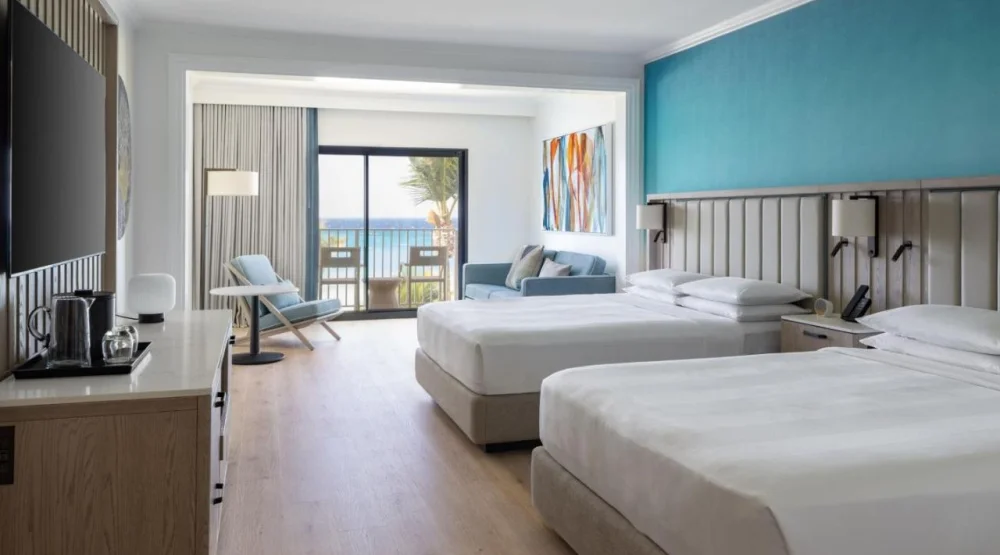 Junior Suite with Two Double Beds Oceanfront View  and Balcony at Grand Cayman Marriott Resort
