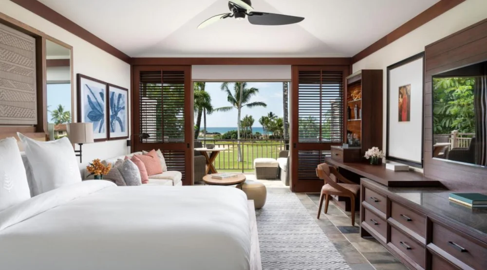 King Room with Ocean and Golf Course View at Four Seasons Resort Hualalai
