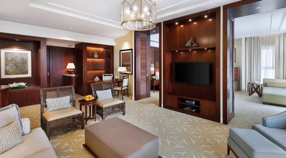 One Bedroom Suite, Two Balconies with Garden View, Living Room at The Ritz Carlton Dubai