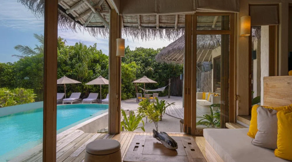 Two Bedroom Lagoon Beach Villa with Pool at Six Senses Laamu